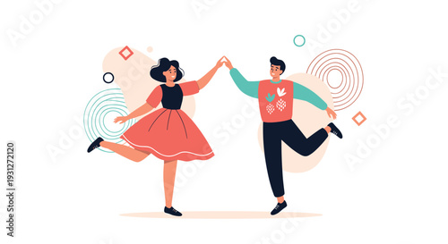 A happy young couple dancing together, holding hands and kicking up their legs in a joyful, energetic pose against an abstract background.