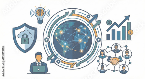 Flat vector illustration of global corporate business concept, international network, financial growth, teamwork, innovation, and cybersecurity isolated