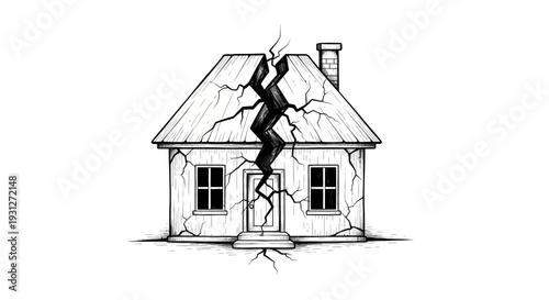 Cracked House Illustration - Symbol of Damage, Crisis, or Disaster