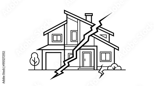 Cracked house illustration, symbol of broken home, divorce, or financial ruin