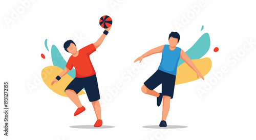 Two illustrations of a male athlete playing handball, one showing him preparing to throw the ball and the other in a dynamic pose.