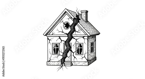 Cracked house illustration, symbol of damage, decay, and structural problems.