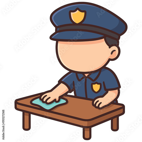 Cartoon police officer wiping wooden table flat vector