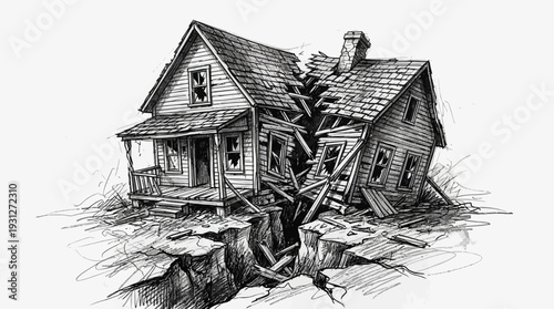Damaged House Split by Earthquake Crack