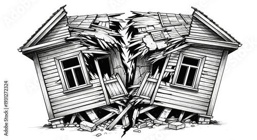 Damaged house split in half, destruction, disaster, earthquake, ruin, broken home
