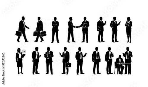 Corporate Men and Women Business Silhouette Collection in Formal Office Attire Isolated on White