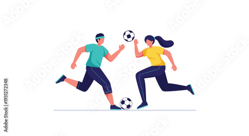 An energetic young man and woman playing soccer together, running and kicking the ball in a friendly match, showcasing teamwork and fitness.