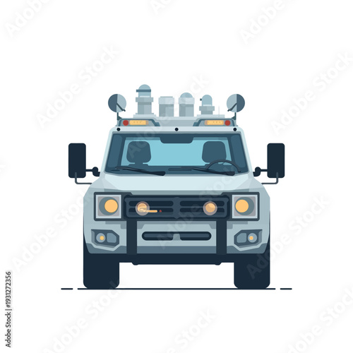 Front view of a gray off-road vehicle with equipment on the roof.