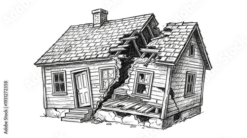 Damaged house split in half, illustration