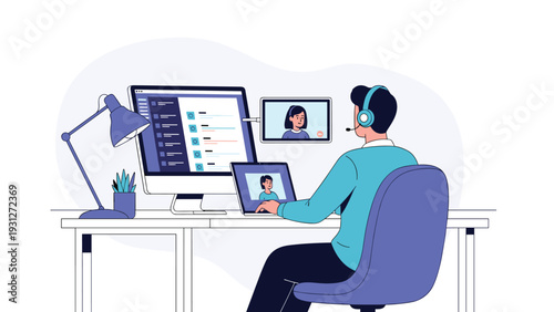 Customer support agent or manager conducting a remote video call with multiple team members on multiple computer monitors.