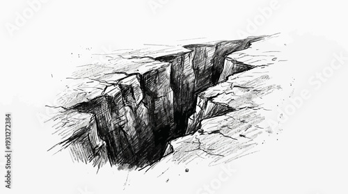 Deep abstract crack in dry ground, hand-drawn sketch illustration