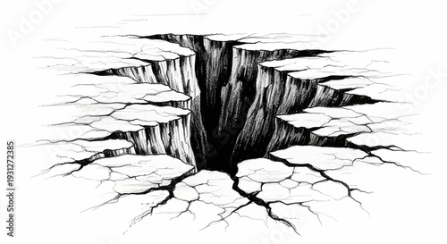 Deep abyss crack in dry ground, dramatic illustration