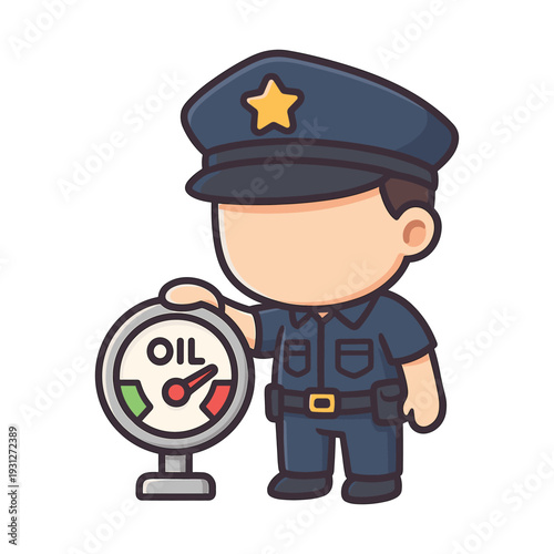 Cartoon Police Officer Holding Oil Gauge Flat Vector