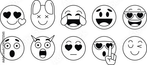 Black and white emoji-style illustration of expressive faces with hearts, tears, laughter, sunglasses, anger, and surprise, symbolizing emotions, love, joy, and digital communication