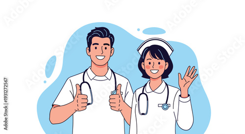A friendly male doctor and female nurse team standing together, both smiling and giving a thumbs-up gesture of approval or encouragement.