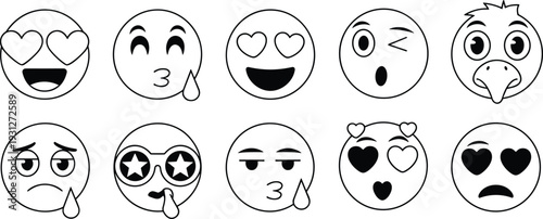Black and white emoji-style illustration of expressive faces with hearts, tears, winks, and surprise, symbolizing emotions of love, sadness, joy, and digital communication