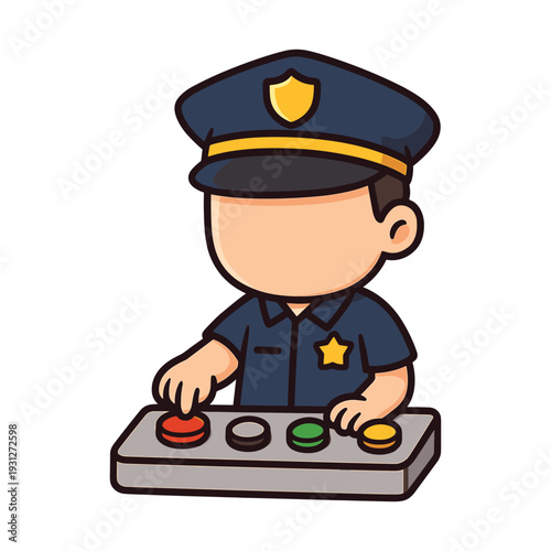 Cartoon police officer pressing button console flat vector