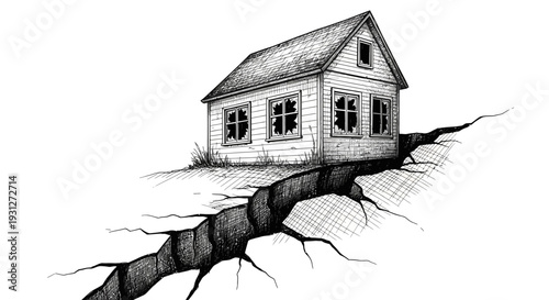 Dilapidated house on cracked ground, symbolizing disaster and decay