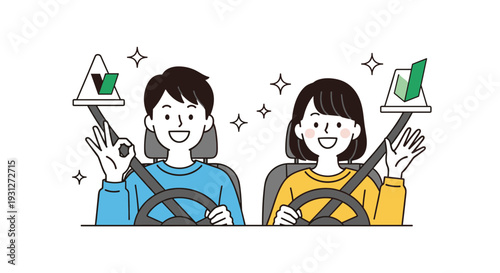 A happy young man and woman in a car, proudly showing their Japanese beginner driver marks, signaling they are new drivers.
