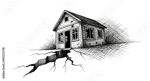 Dilapidated house on cracked ground, earthquake damage, hand-drawn illustration.