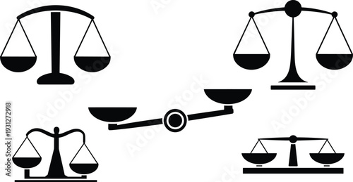 Black and white line art illustration of balance scales in different designs and orientations, symbolizing justice, equality, fairness, and comparison for legal or business themes