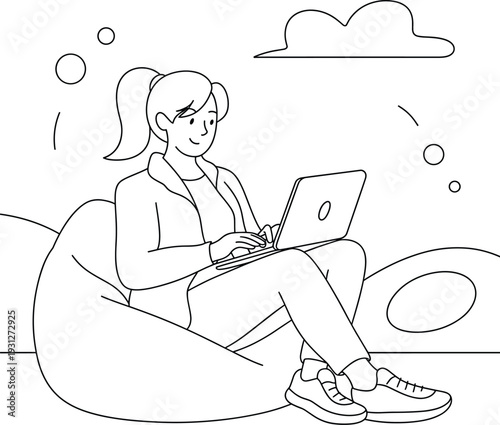 Black and white line art illustration of a person sitting on a bean bag chair using a laptop, symbolizing remote work, online learning, and digital creativity