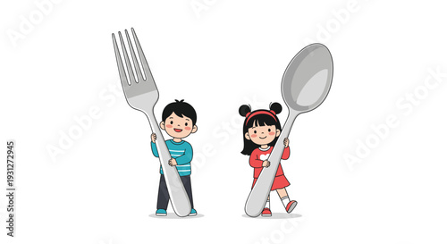 A cute cartoon boy and girl are holding a giant fork and a giant spoon, ready to eat a big meal with happy expressions.
