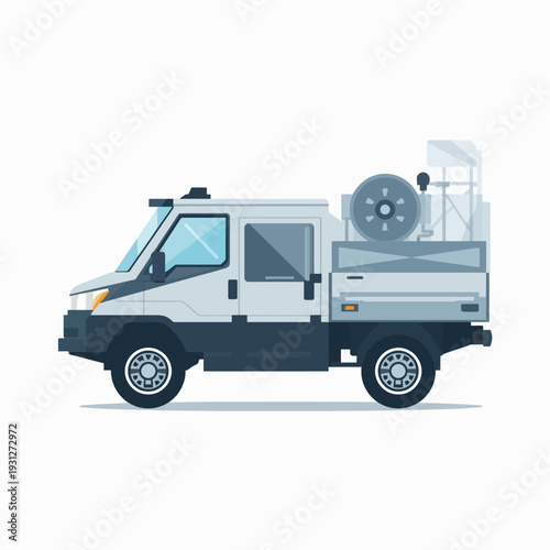 White utility truck with equipment on the back.