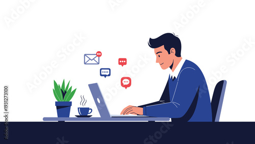 Smiling businessman working on a laptop at his desk with various digital notification icons representing busy communication.