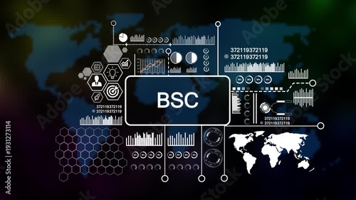 Business, Technology, Internet and network concept. Enterprise resource planning BSC concept, Abstract technology symbols on Futuristic Technology world map Background. 4k