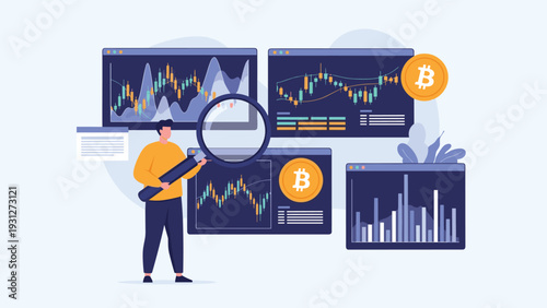 Professional trader analyzing stock market trends and Bitcoin price movements on multiple digital chart screens.