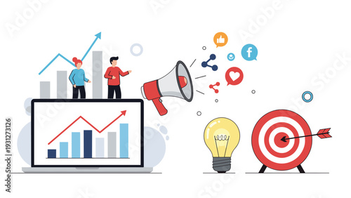 Digital marketing strategy involves social media promotion and target audience engagement to achieve business growth.