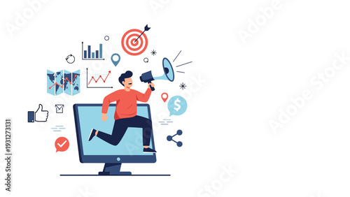 Enthusiastic marketer jumping through a computer screen with a megaphone to broadcast business messages and global strategy.