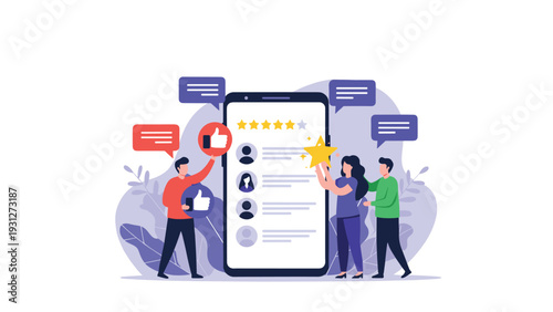 Users providing positive feedback and high star ratings to a mobile app profile for customer satisfaction and online reputation.