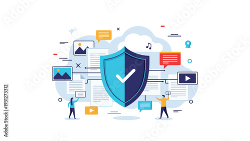 Data security concept featuring a large protective shield safeguarding digital files and information for cyber safety.