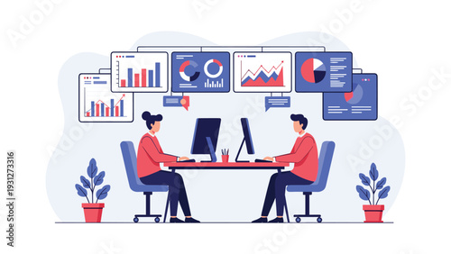 Data analysts working at a desk with computers in front of large screens displaying colorful business dashboard charts.