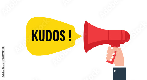 A red megaphone with a yellow speech bubble displaying the word kudos