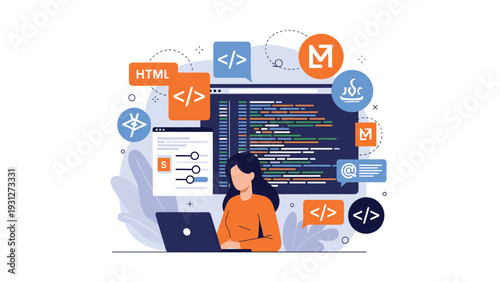 Female software developer writing code on a laptop with digital programming language icons and script on screen.