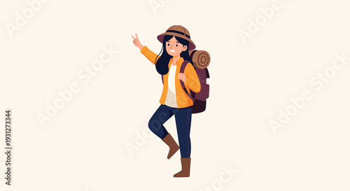 A happy young female hiker or adventurer with a backpack and boots, smiling and making a peace sign gesture with her hand.