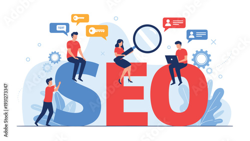 Search engine optimization concept with professionals working on large SEO letters to improve website traffic and rank.