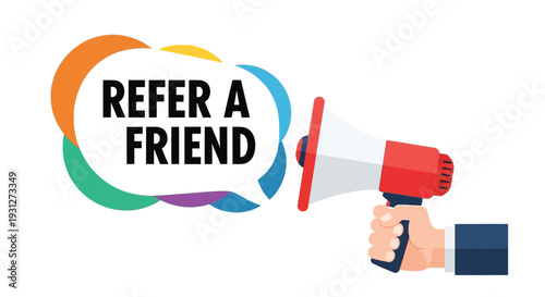 Refer a friend graphic with a megaphone and colorful overlapping shapes