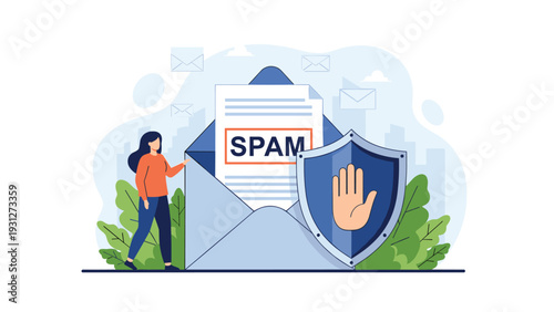 Email security concept showing a woman protecting her inbox from spam messages using a digital firewall shield.