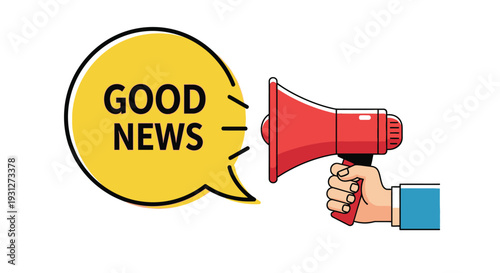 Cartoon illustration of a red megaphone announcing good news in a speech bubble