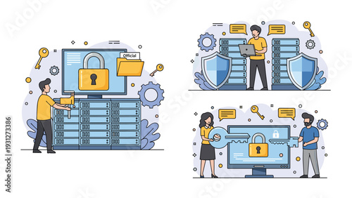 Cybersecurity and data center protection services with IT professionals securing digital information using locks.