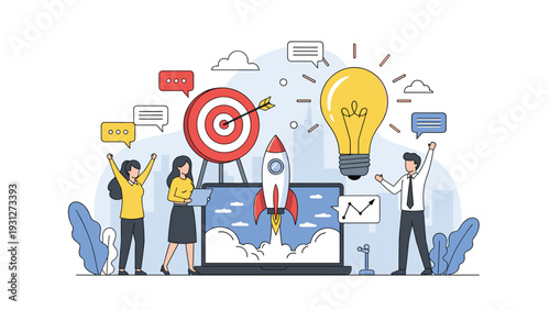 Successful business startup launch concept with creative ideas and team motivation for achieving corporate goals.