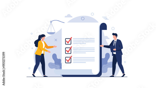 Compliance and legal regulation concept with professionals reviewing a large document featuring a checklist and scales.