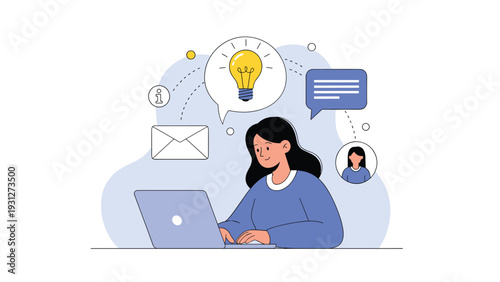 Creative workspace with woman working on laptop and finding new ideas with lightbulb, email and chat bubbles icons around.