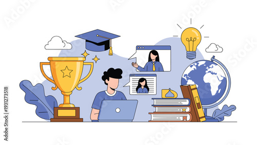 Online education and academic success concept with student using laptop surrounded by trophy, books, globe and graduate cap.