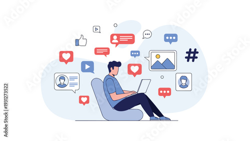 Social media marketing and engagement concept with person working on laptop surrounded by various digital media icons.