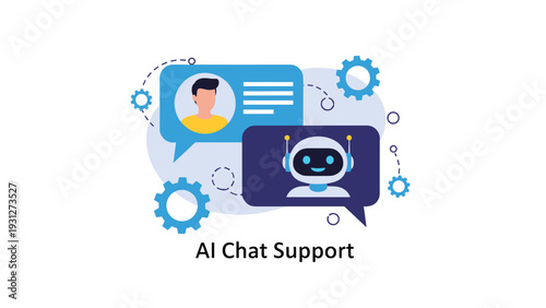 Artificial intelligence chat support and customer service concept with robot and human profile in digital speech bubbles.